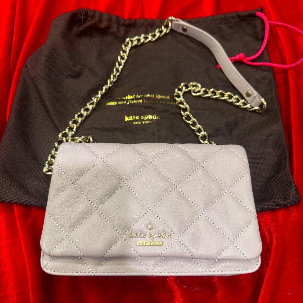 KATE SPADE NEW YORK QUILTED LIGHT TAUPE SILVER CHAIN BAG SMALL LIKE NEW